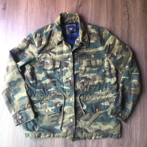 Gap Camo Utility Military Jacket Women’s L Army Green Flannel Lined Snap Closure - Picture 1 of 8